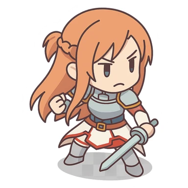 Sticker of Asuna from Sword Art Online in 2D isometric style with a determined expression, inspired by the provided reference image. sticker