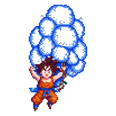 Goku from Dragon Ball Z, pixel art style, flying on Nimbus cloud, cheerful expression sticker