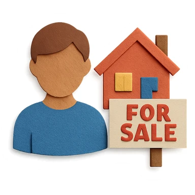 person and house with a for sale sign sticker
