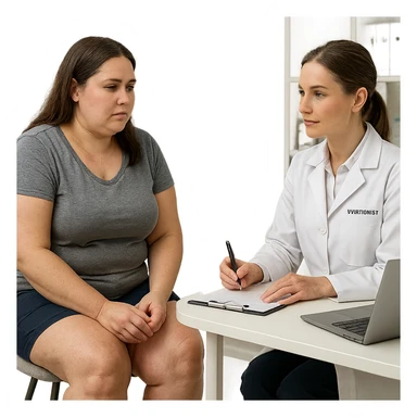 hyper realistic 4K woman consulting a nutritionist, fat on thighs and legs, normal physique, clinical scene details sticker