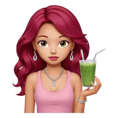 a pretty fair bratz girl with wavy dark red hair, wearing a pink tank top . silver dainty layered necklaces, carrying a matcha sticker