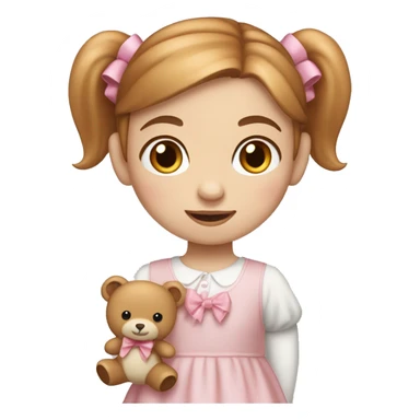 Little Girl with White skin, blue eyes. Light brown and red hair in two ponytails, with light pink bows.  She is wearing a light pink and White dress, standing and holding a teddybear with a pink bow. sticker