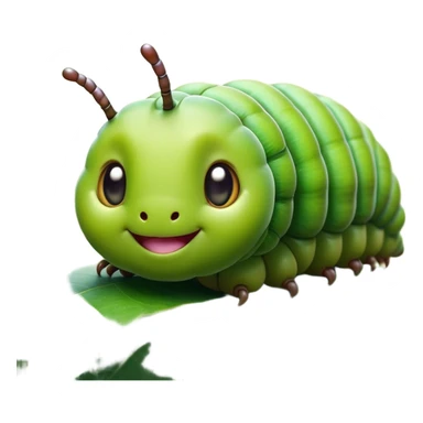 Cinematic Realistic Cute Caterpillar Portrait Emoji, Head tilted playfully and inquisitively, featuring a compact, segmented body in bright, vibrant green with delicate, inviting textures and a charming, rounded face with sparkling eyes full of curiosity, rendered with lifelike detail and natural highlights, high shine, affectionate and spirited, styled with a touch of garden whimsy, soft glowing outline, capturing the essence of a mischievous yet lovable caterpillar that seems poised to crawl cheerfully into your arms! sticker