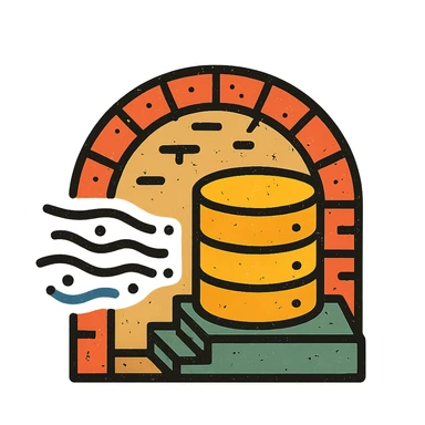 stacked database cylinders in a basement or underground setting with arched brickwork, stairs, or stone walls, flowing abstract data streams with lines, dots, or waves, worn and distressed effect, detailed icon sticker