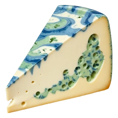 wedge of gorgonzola cheese, thick and creamy with off-white interior, blue-green mold veins, moist and oozing near edges, natural beige rind, soft texture, irregular marbling, apple emoji style, soft lighting, subtle shadows, transparent background, emoji scale sticker