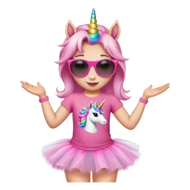friendly anthropomorphised female unicorn in tutu and pink t-shirt, wearing dark sunglasses, relaxed pose, head and shoulders portrait sticker