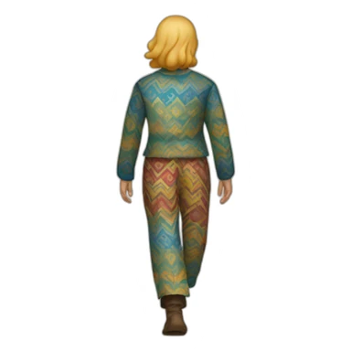 person wearing colorful pattern wide pants, walking, medieval sticker