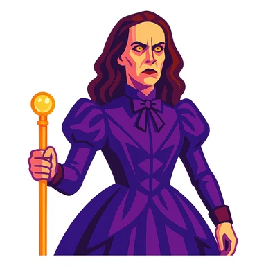 Wilhemina Venable (Sarah Paulson) in royal purple Victorian style, beautiful and luminous but terrifying, holding a gold cane sticker