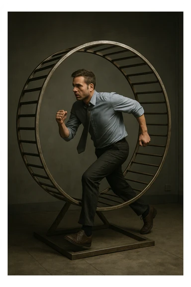 uomo che corre dentro la ruota del criceto come un circolo vizioso immagine realistica sticker