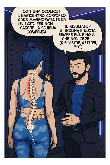 fai questa immagine in versione manga/webtoon a colori, il manga mostra la donna di spalle, mentre l'uomo le tocca la spina dorsale per spiegarle come funziona la scoliosi:
Con una scoliosi il baricentro corporeo cade maggiormente da un lato; per non cadere la schiena compensa accumulando tensione sul fianco opposto.
Il risultato? Si inclina e ruota sempre più, fino a che non cede (discopatie, artrosi, ecc) sticker