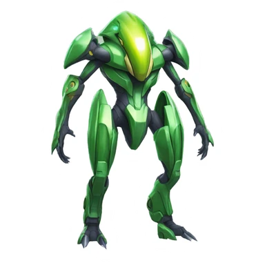 a shiny green Genesect-Raptor-Fakémon—hybrid with a futuristic visor-helmet full body sticker