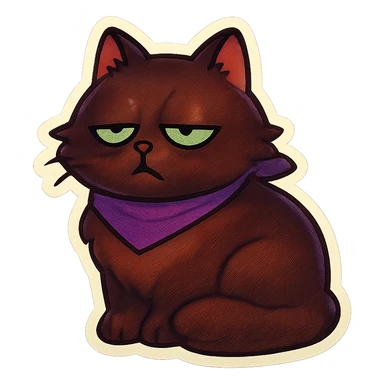 Fluffy sleepy tired dopey cute dark-brown cat with green eyes and a purple scarf  sticker
