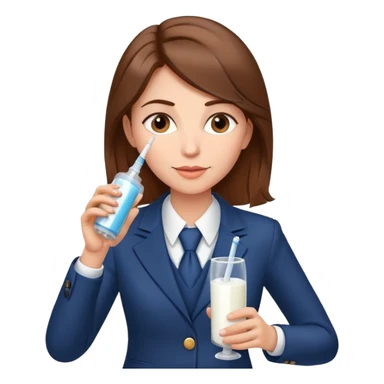 Mom with brown hair in business suit drinking milk and holding a vaccine syringe sticker