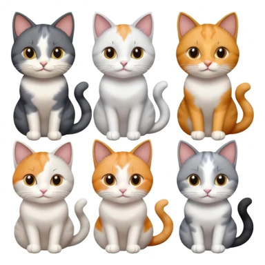 6 realistic looking cats with different natural coloured coats, assorted grey and white, greys, calicos etc
 sticker