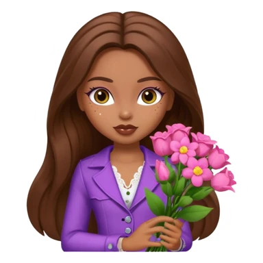 pretty bratz baddie, long brown hair holding flowers sticker