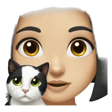 White girl with green eyes and black hair holding a calico cat sticker