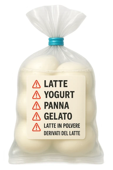 SU QUESTO STILE FAI UN EMOJI STILE IPHONE 3D DI UNa busta di mozzarelle con ETICHETTA CON GLI INGREDIENTI SCRITTI, "latte, yogurt, panna, gelato, latte in polvere, derivati del latte." accanto ad ogni nome scritto mettici un segnale di allarme, FALLO MOLTO REALISTICO IN 3D sticker