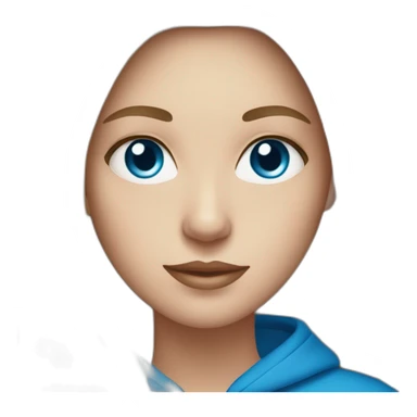 White woman with long dark straight hair and blue eyes with long eyelashes and blue hoodie sticker