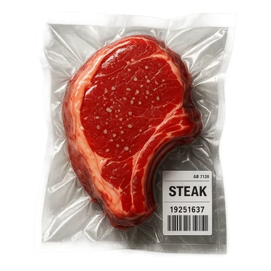 juicy steak sprinkled with tiny crystals, shiny and inflated, vacuum-sealed style sticker