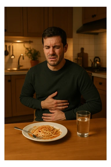 a man sits at a dining table, looking uncomfortable and holding his stomach after eating a plate of pasta. His expression shows mild pain or bloating. On the table, there’s a half-eaten plate of spaghetti, and a glass of water. The background is a cozy kitchen, but the focus is on the man’s discomfort.
 sticker