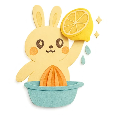 cute bunny-shaped citrus juicer, squeezing lemon, sparkling happy eyes, soft yellow, full-body sticker