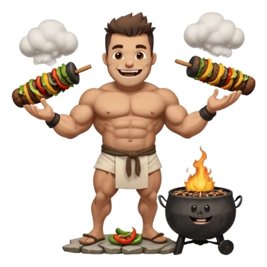ork male master chef flipping huge kebabs on stone barbecue, muscular, loincloth or shorts, big tusked grin, smoke, centered emoji sticker