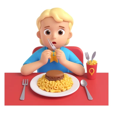 A stylized 3D character of a 6-year-old child sits at a table, looking bored at a plate of macaroni and a meat patty, absentmindedly poking the macaroni with a fork. sticker
