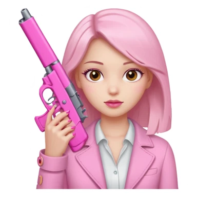 Girl hand pink nails holding pink gun with brown eyes sticker
