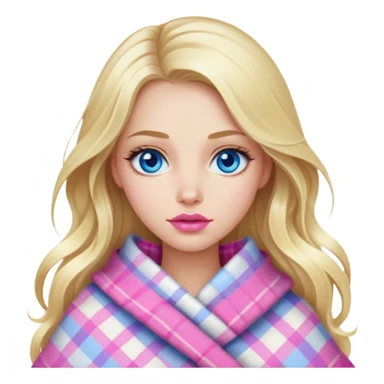 A beautiful blonde girl with long hair, blue eyes, pink lips is wrapped in a plaid sticker