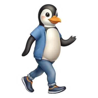 friendly anthropomorphised penguin in jeans and a t-shirt jogging upright standard pose no sunglasses sticker
