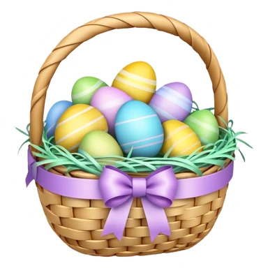3D emoji of a colorful Easter basket filled with decorated eggs, pastel ribbons, and a woven texture in glossy emoji style. sticker
