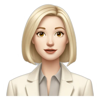 pale skin woman with ash blonde Straightened bob Hair, White Spacious classical jacket, beige palazzo Arrow pants and gray blouse holding white IPhone 15 pro in the hands sticker
