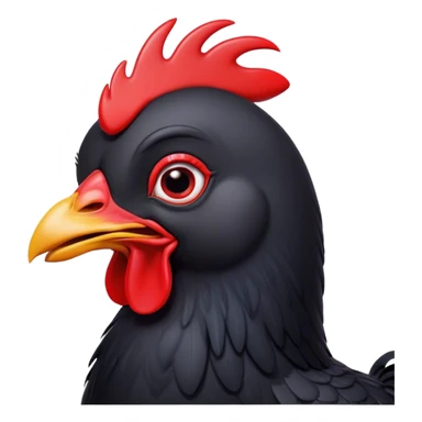 Cinematic Comical Black Chicken Portrait Emoji, Head tilted dramatically with an exaggeratedly amused expression, featuring a sleek, glossy black plumage with a bold red comb, wide, expressive beady eyes filled with playful disbelief, Simplified yet hilariously expressive features, highly detailed, glowing with a slightly sassy glow, high shine, dramatic yet playful, stylized with an air of cheeky mischief, bright and endearing, soft glowing outline, capturing the essence of a spirited and over-the-top chicken, so meme-worthy it feels like it could cluck its way into internet fame instantly! sticker