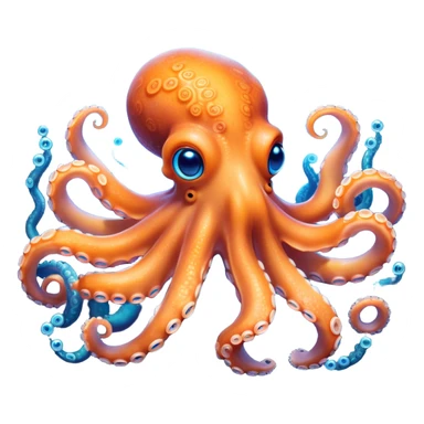 Cinematic Noble Octopus Portrait Emoji, Poised and enchanting, with a light orange body adorned with vibrant blue rings and eight delightfully curling arms with gentle suckers, large sparkling eyes exuding warmth and playfulness, Simplified yet charmingly expressive features, highly detailed, glowing with a soft, magical underwater radiance, high shine, intelligent and irresistibly cute, stylized with an air of whimsical marine enchantment, focused and fluid, soft glowing outline, capturing the essence of a watchful and endearing octopus that appears ready to float out of the screen with delightful charm! sticker