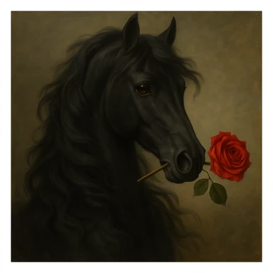 Make the horse black, keep the rose in its mouth, elegant and detailed style. sticker