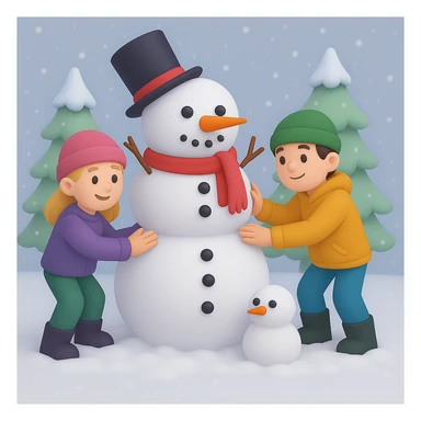 Show two different kids (different hair and clothing colors) building a snowman in a snowy background, keep the 3D emoji style sticker