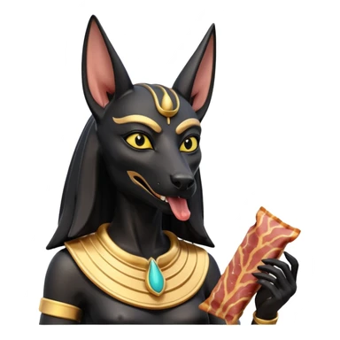  Friendly Short-eared Black fur beautiful female alien anubis statue posed biting on store-brand bacon packaging  sticker