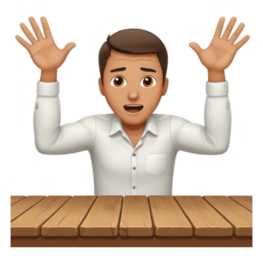 man at desk, leaning forward, hands pressed on table, shouting, working sticker