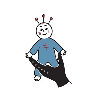 A hand-drawn voodoo doll with Carolina blue fabric and red thread stitches, looking slightly creepy with pins sticker