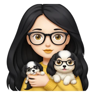 A beautiful girl with long black hair and glasses is holding a long-haired white and yellow puppy sticker