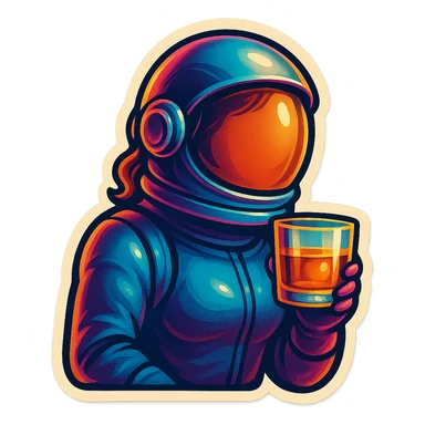 A sticker of a female astronaut with a glass of whiskey sticker