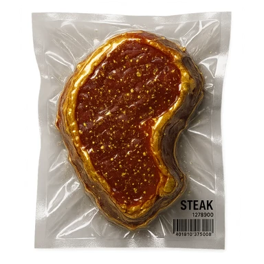 steak with gold sparkles and highlights, shiny and inflated sticker