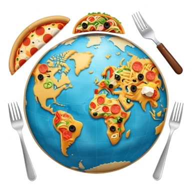Icon for Gastronomic Tourism: a globe with various cuisines from around the world, such as pizza, sushi, tacos, and pasta, surrounded by food-related travel elements like a fork, knife, and map. Transparent background. sticker