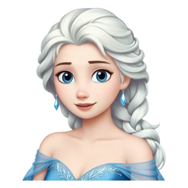 Cinematic Radiant Snow Queen Portrait Emoji, rendered in a realistic, vector style with clean proportions. Show Elsa with a gentle, confident smile, icy pale skin, and luxuriously styled platinum hair, her expression calm and regal. The image glows with a soft, enchanting icy luminescence, high shine, and is accented by a soft glowing outline that enhances her ethereal beauty. sticker