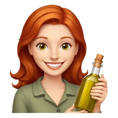 redhead woman with big smile holding olive oil bottle sticker