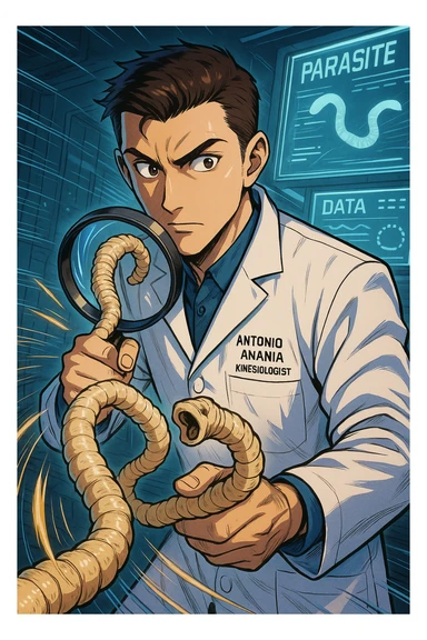 A dynamic manga/webtoon-style illustration of a young male kinesiologist wearing a clean white lab coat, analyzing light beige worms like a tapeworm under a magnifying glass. His expression is focused and slightly intrigued, with sharp, detailed eyes. The art style is vibrant, with bold linework, rich colors, and dramatic lighting. The background is a futuristic laboratory with glowing holographic screens displaying parasite data. The tapeworm is intricately drawn, slimy and segmented, with a slightly exaggerated yet realistic texture. The composition is dynamic, with motion lines or energy effects to emphasize his scientific investigation. The atmosphere is intense but not dark, keeping a balance between scientific seriousness and stylish manga aesthetics, he has "ANTONIO ANANIA" WRITTEN ON WHITE LAB COAT sticker