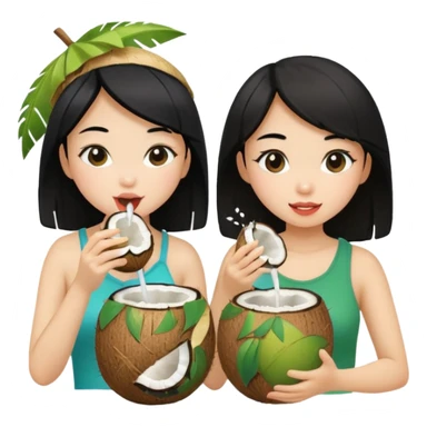 Two girls drinking out of a coconut one is Asian with black hair the other is white with blonde hair  sticker