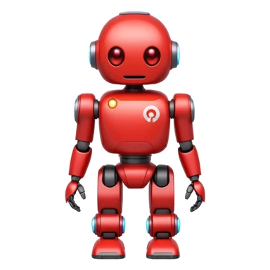 futuristic cute red robot with a prominent white play button on chest, rounded body, glowing eyes, small arms and legs, friendly and helpful, flat emoji-like design sticker