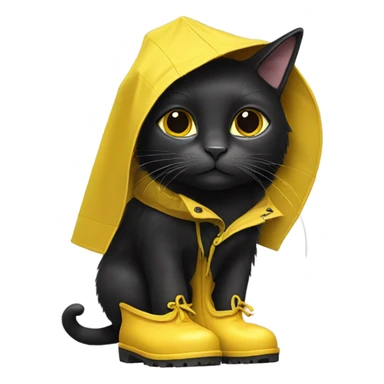 Black cat wearing a yellow rain coat and rain boots sticker