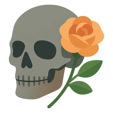 A dark, light grey skull with sharp, angular features and a mysterious, haunting aura, featuring a rose delicately placed in one of its hollow eye sockets. The skull is in shades of grey, accented with soft tones of golden orange (FA9B41), forest green (4A7C5C), muted taupe brown (96775A), and pastel peach (FFCC9A). The rose, vibrant in its peach and orange hues, contrasts with the cold, eerie grey of the skull, its petals unfurling gently around the eye socket. The background is dim and shadowy, with a faint, mystical glow illuminating the skull and rose, adding to the gothic and slightly surreal atmosphere. The scene feels both haunting and beautiful, with a touch of elegance. sticker